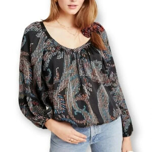 Anthropologie Maeve Madeira Satin Abstract Paisley Blouse Burnout Stripes Medium